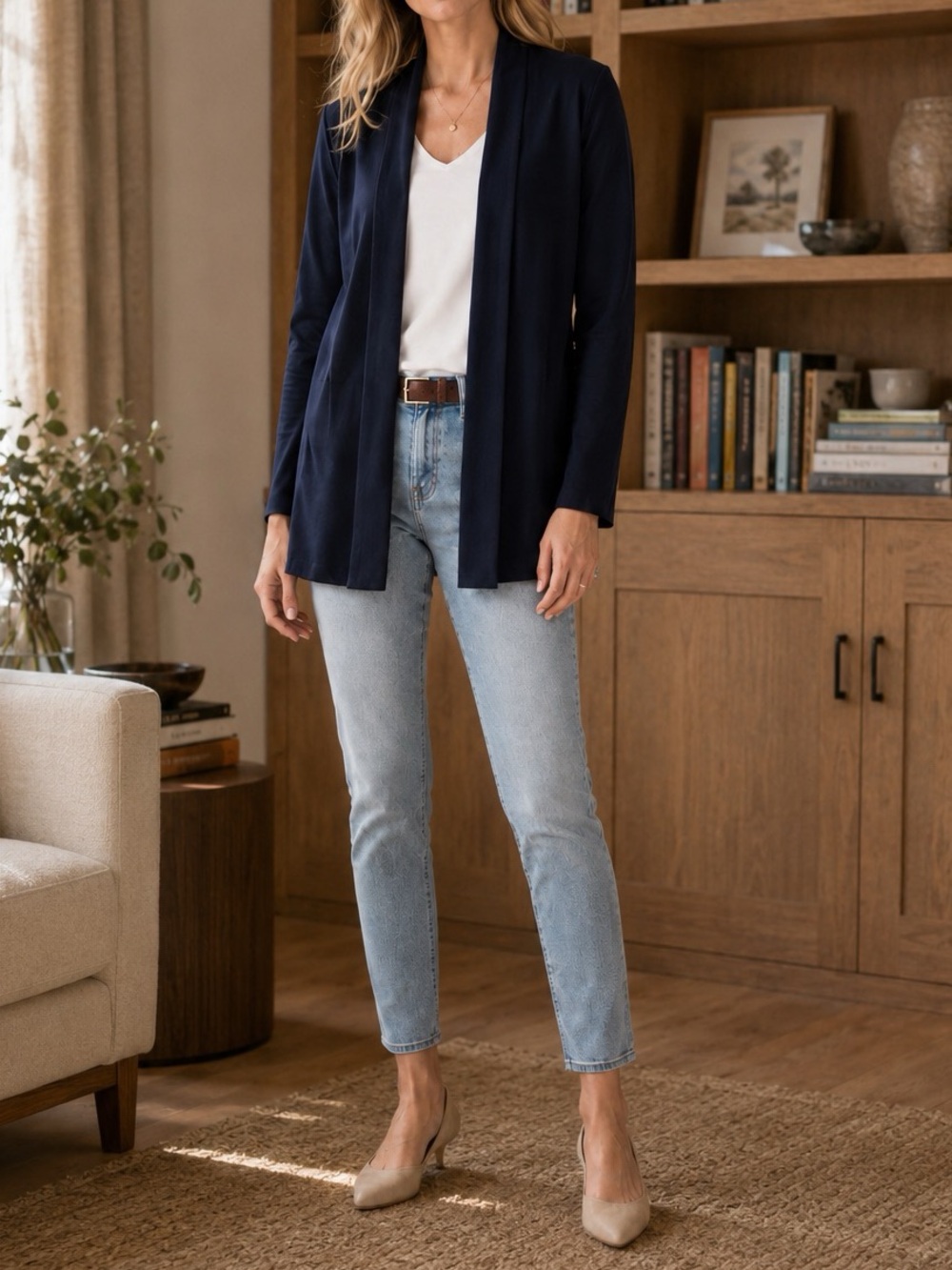 Lands' End Long Sleeve Open Front Long Line Drape Cardigan Navy Blue XS / Small